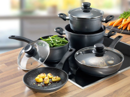 Stoneline 1 sauce pan, 1 stewing pan, 1 frying pan, die-cast aluminium, black,