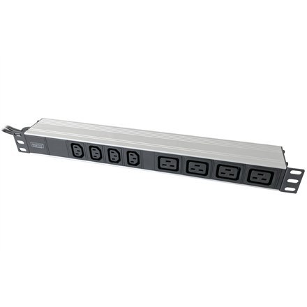 Aluminiowa jednostka PDU 1U, do montażu w szafie, 4x C13, 4x C19, 2x wtyczka 16A, 250VAC 50/60Hz otwarty koniec | DN-95423