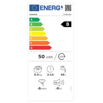 Gorenje | WNEI94BS | Washing Machine | Energy efficiency class B | Front loading | Washing capacity 9 kg | 1400 RPM | Depth 61 c