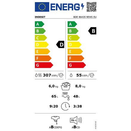 INDESIT | BDE 86435 9EWS EU | Washing machine with Dryer | Energy efficiency class D | Front loading | Washing capacity 8 kg | 1