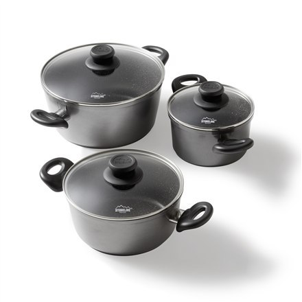 Stoneline | Yes | 3-pcs Pot Set with glass lids | 6932 | 1.5+2.5+4.5 L | 16/20/24 cm | Aluminium | Anthracite | Lid included