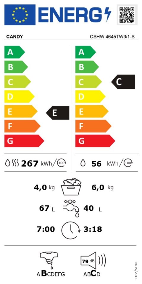Candy Washing Machine with Dryer | CSHW 4645TW3/1-S | Energy efficiency class C/E | Front loading | Washing capacity 6 kg | 1400