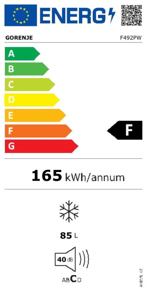 Gorenje | Zamrażarka | F492PW | Klasa efektywności energetycznej F | Wolnostojąca | Wysokość 84,5 cm | Pojemność całkowita netto