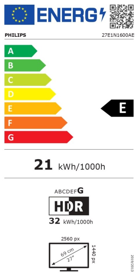 Philips 27E1N1600AE/00 | 27 " | IPS | 16:9 | 100 Hz | 4 ms | 2560 x 1440 pixels | 350 cd/m² | HDMI ports quantity 1 | Warranty 3