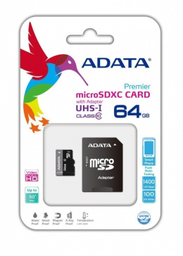 ADATA Premier UHS-I 64 GB, MicroSDXC, pamięć flash klasy 10, adapter SD